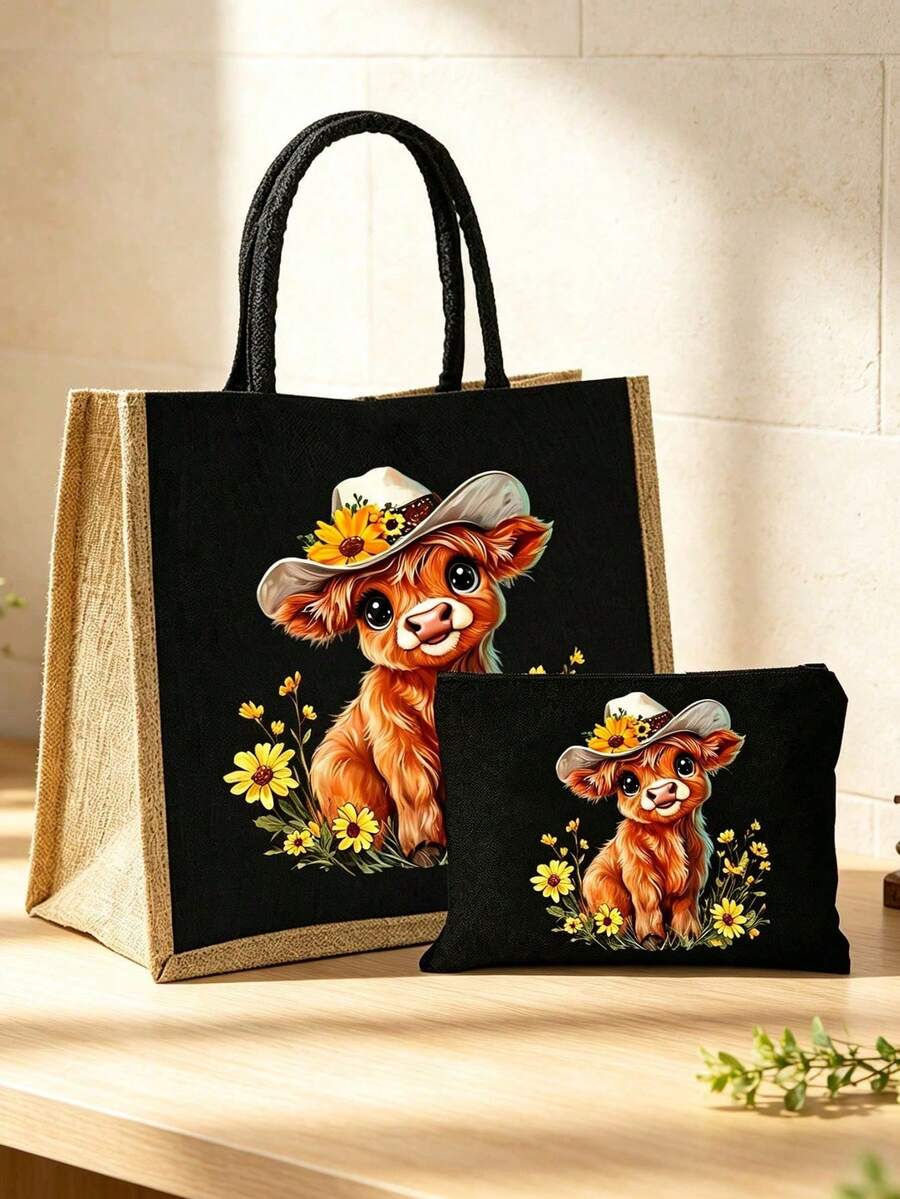 Highland Cow & Floral Cowboy Hat Print Tote Bag And Mini Storage Bag Set- Cute Western Country Style Calf Pattern Handbag, Large Capacity Makeup Bag With Hand Strap, Christmas Gift, Black Linen Coin