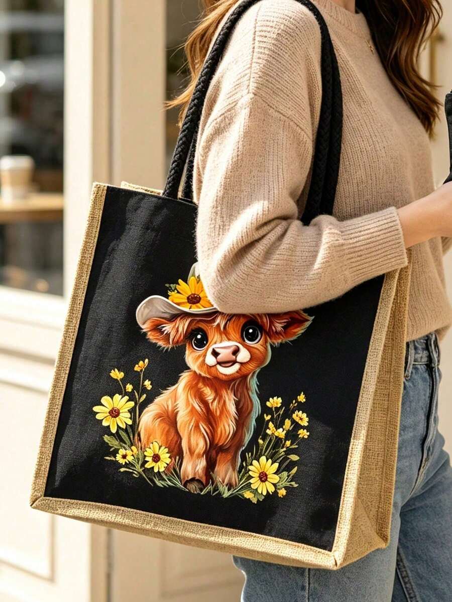 Highland Cow & Floral Cowboy Hat Print Tote Bag And Mini Storage Bag Set- Cute Western Country Style Calf Pattern Handbag, Large Capacity Makeup Bag With Hand Strap, Christmas Gift, Black Linen Coin