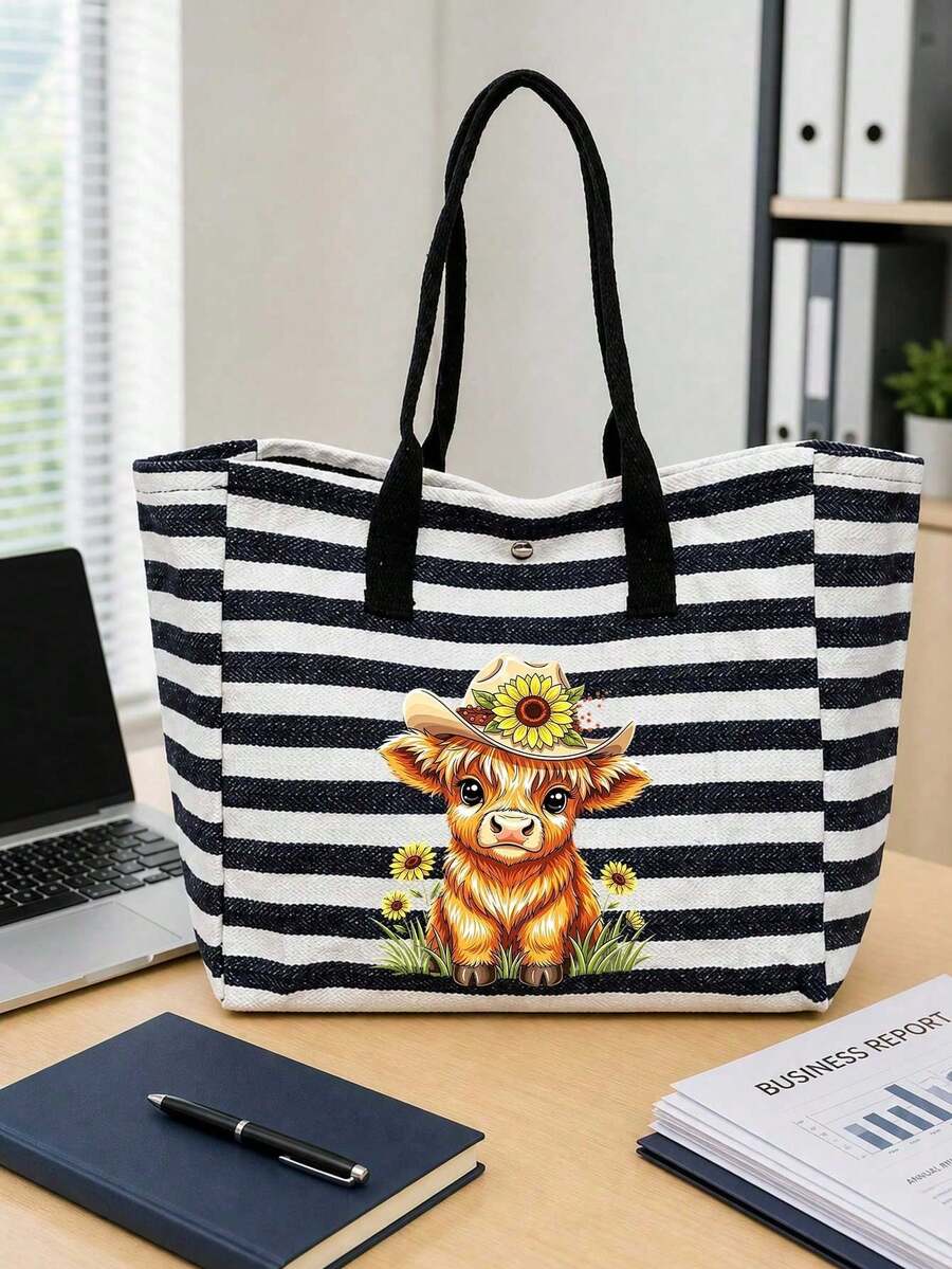 Cute Highland Cow Theme Black And White Striped Tote Bag And Small Pouch, Cute Highland Cow Theme Gift, Foldable Tote Bag, Reusable Shopping Bag, Portable Commuter Bag, Multi-Functional Shoulder Bag