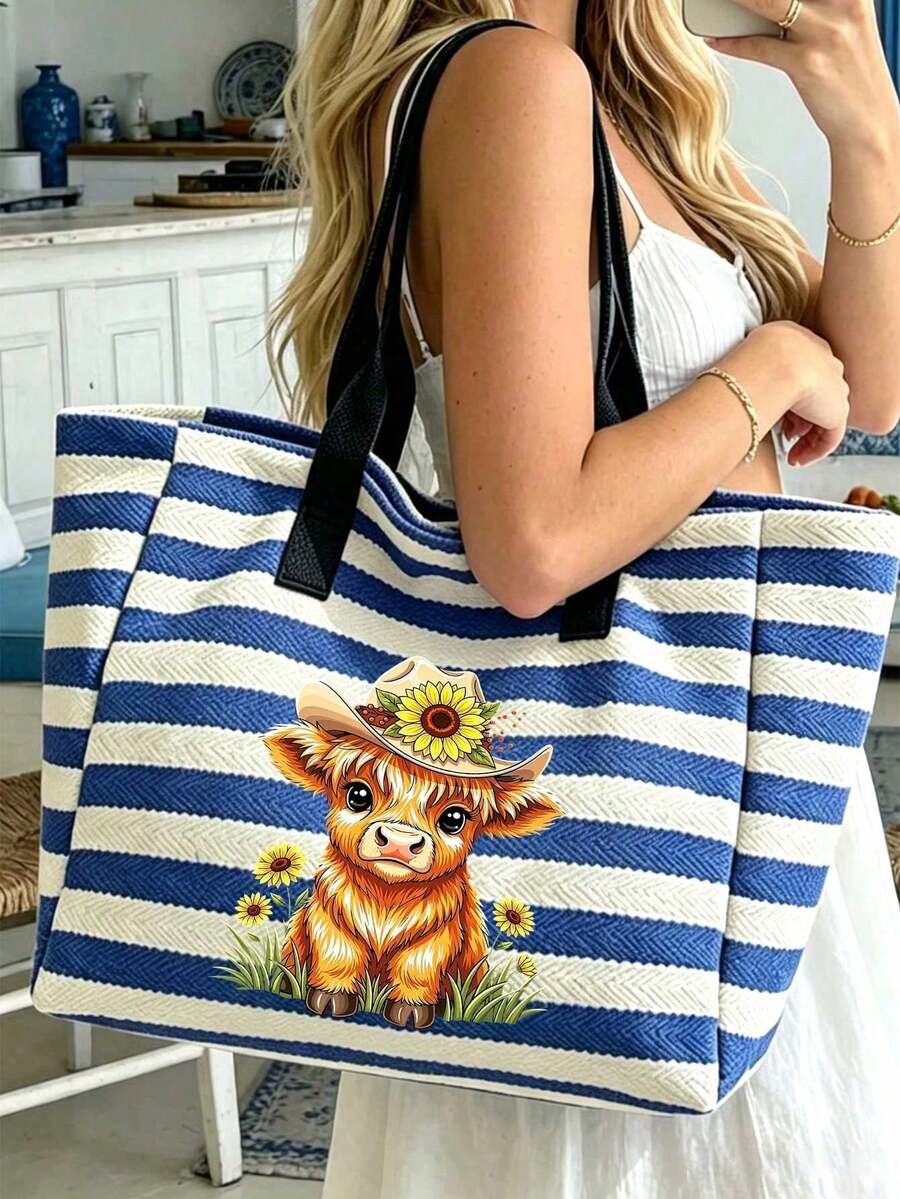 Cute Highland Cow Theme Black And White Striped Tote Bag And Small Pouch, Cute Highland Cow Theme Gift, Foldable Tote Bag, Reusable Shopping Bag, Portable Commuter Bag, Multi-Functional Shoulder Bag