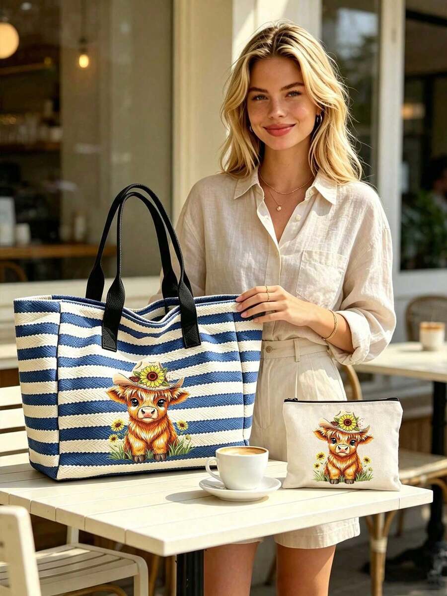 Cute Highland Cow Theme Black And White Striped Tote Bag And Small Pouch, Cute Highland Cow Theme Gift, Foldable Tote Bag, Reusable Shopping Bag, Portable Commuter Bag, Multi-Functional Shoulder Bag