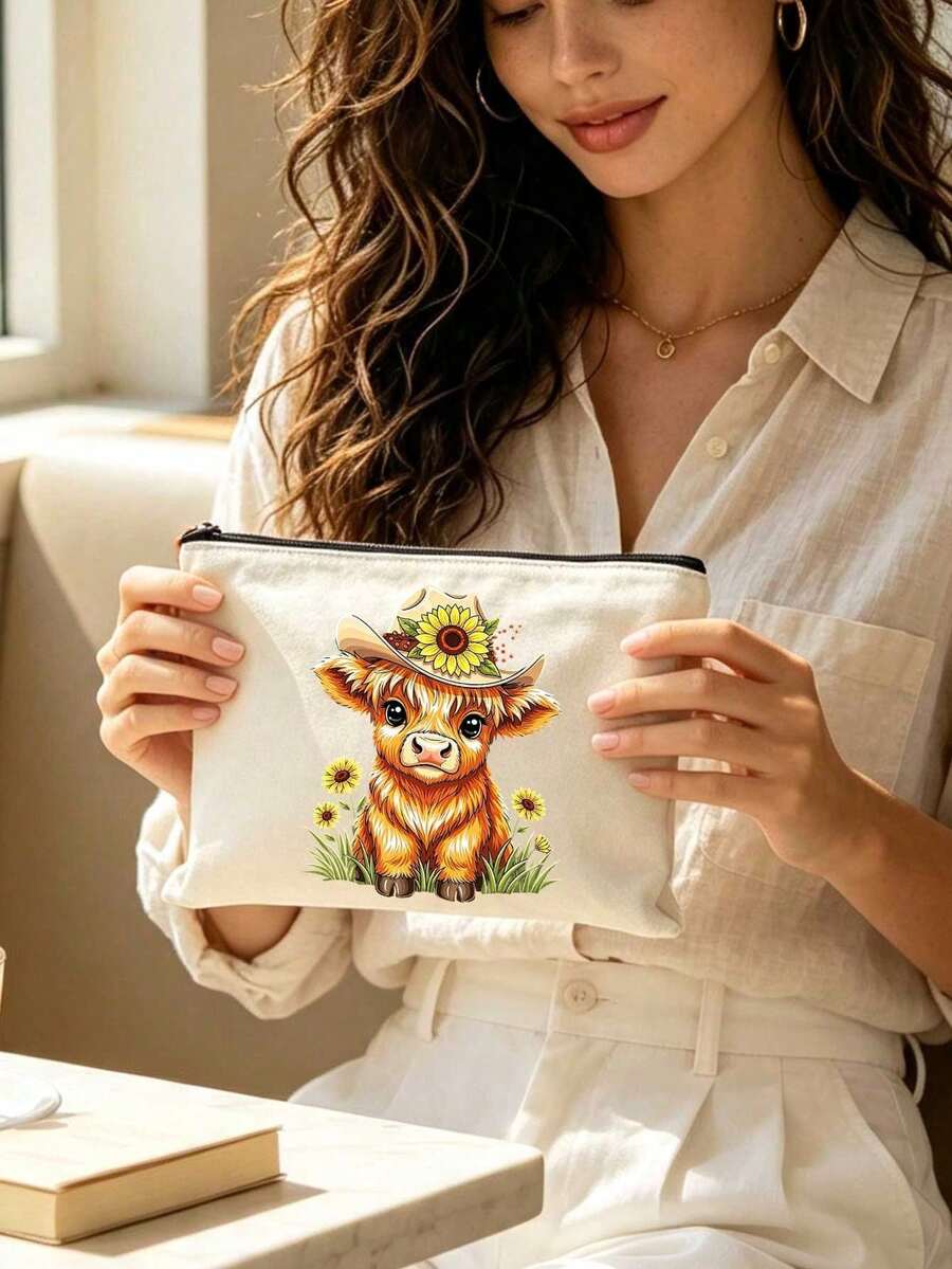 Cute Highland Cow Theme Black And White Striped Tote Bag And Small Pouch, Cute Highland Cow Theme Gift, Foldable Tote Bag, Reusable Shopping Bag, Portable Commuter Bag, Multi-Functional Shoulder Bag