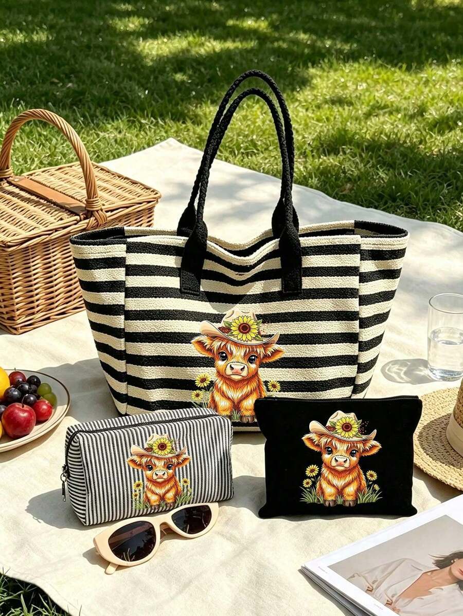 Cute Highland Cow Theme Black And White Striped Tote Bag And Small Pouch, Cute Highland Cow Theme Gift, Foldable Tote Bag, Reusable Shopping Bag, Portable Commuter Bag, Multi-Functional Shoulder Bag