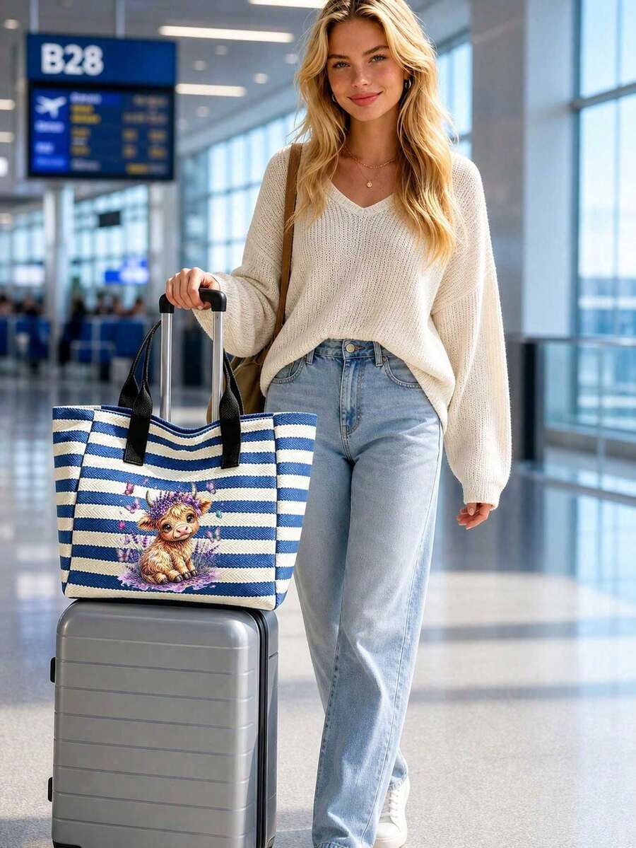 Cute Highland Cow Theme Black And White Striped Tote Bag And Small Pouch, Cute Highland Cow Theme Gift, Foldable Tote Bag, Reusable Shopping Bag, Portable Commuter Bag, Multi-Functional Shoulder Bag