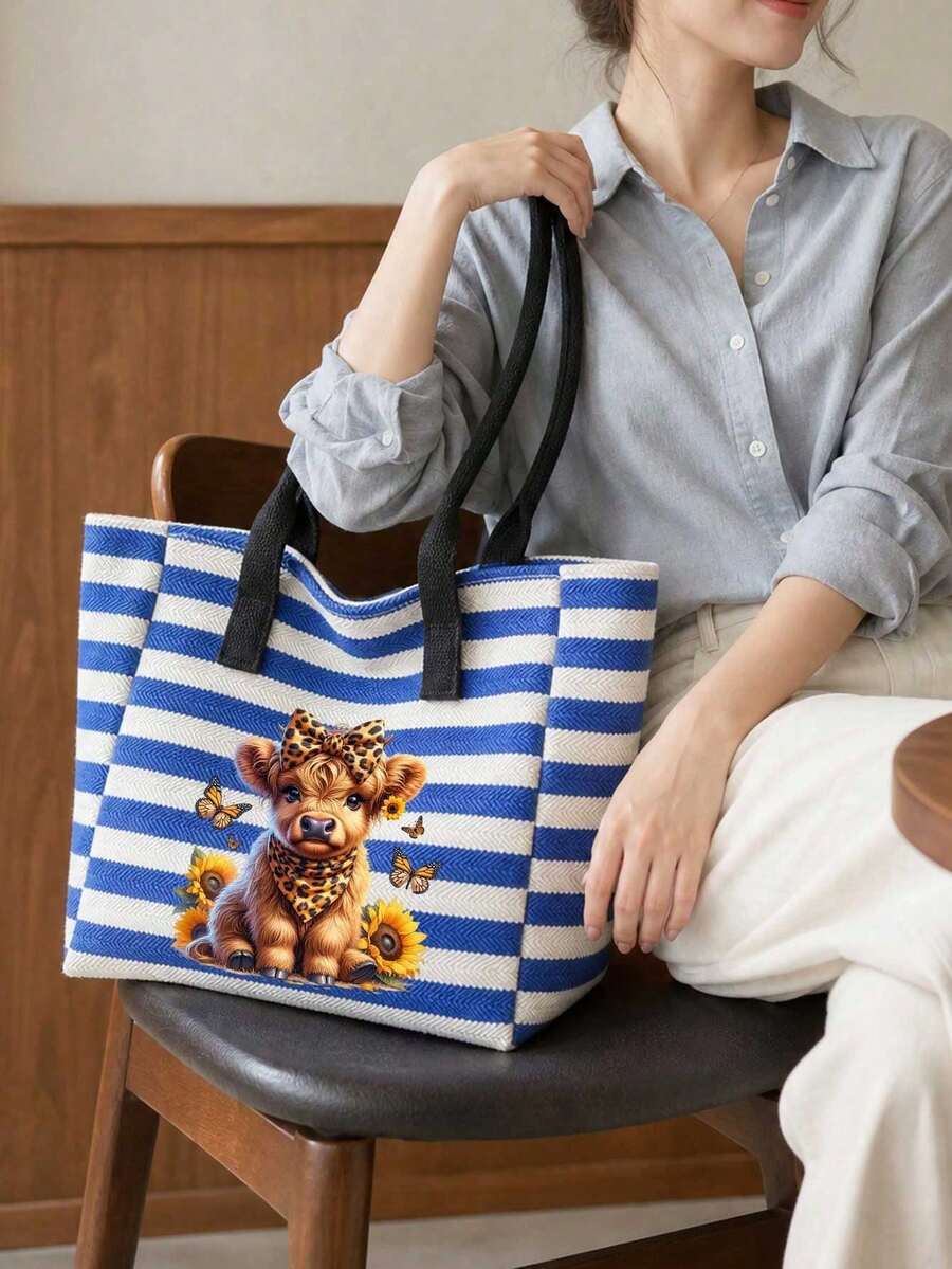 Cute Highland Cow Theme Black And White Striped Tote Bag And Small Pouch, Cute Highland Cow Theme Gift, Foldable Tote Bag, Reusable Shopping Bag, Portable Commuter Bag, Multi-Functional Shoulder Bag