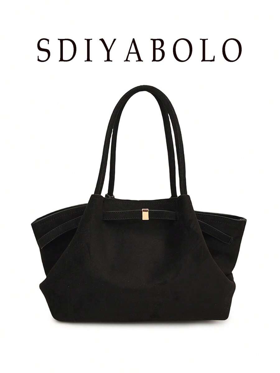 Women's Vintage Suede Tote Bag, Belt Buckle Decor Large Capacity Shoulder Handbag, Minimalist Commuter Handle Bag