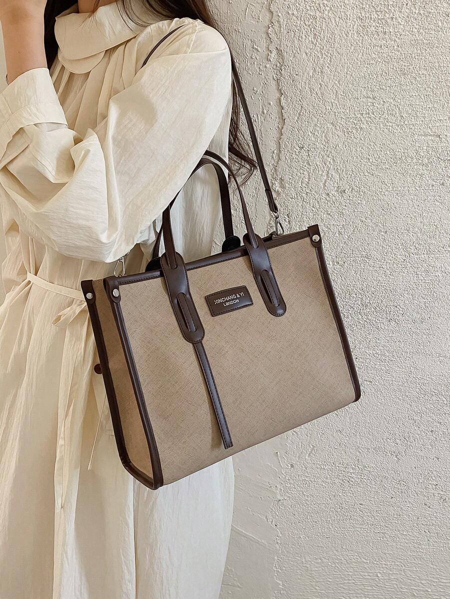 1pc Khaki PU Large Capacity Women's Tote Bag, Modern Style Beach Bag & Durable Shoulder Bag, Suitable For Work Commute And Vacation Travel