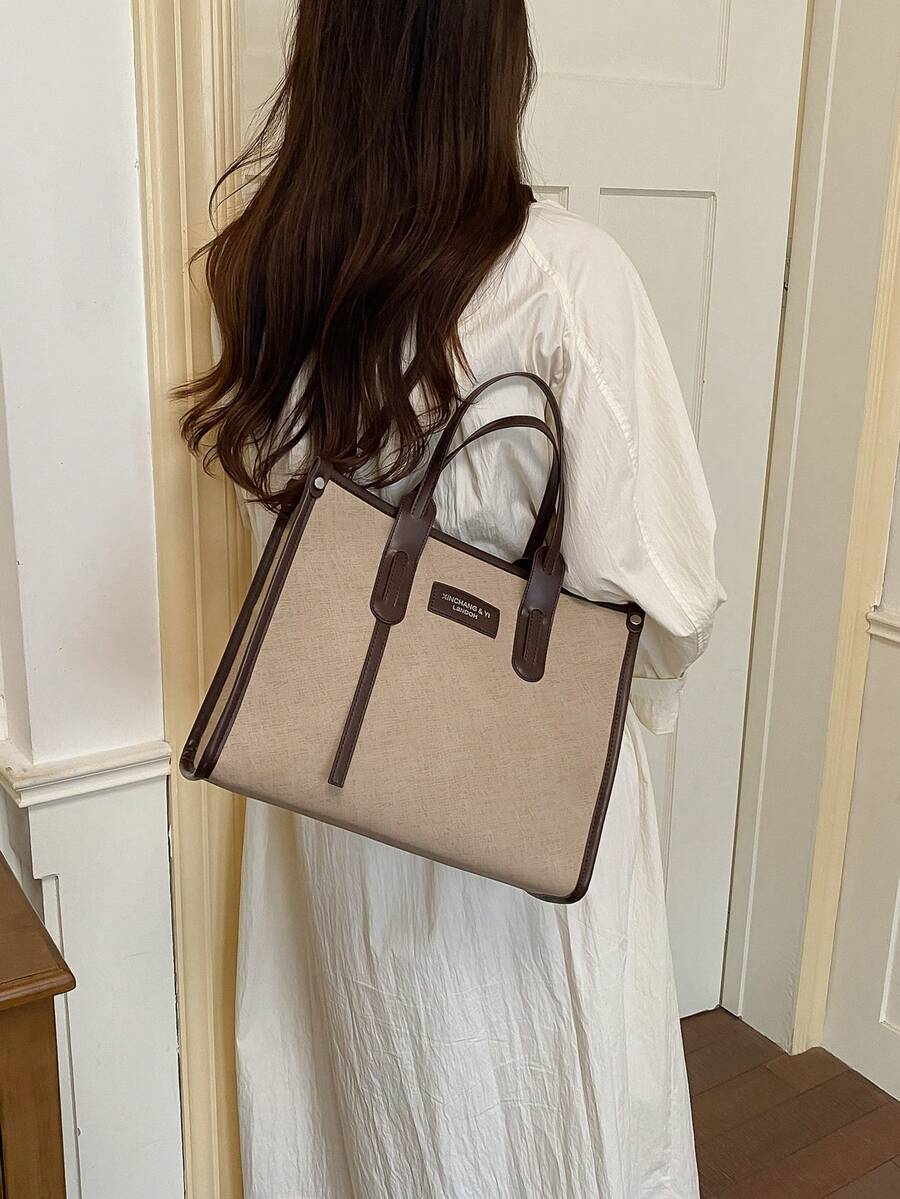 1pc Khaki PU Large Capacity Women's Tote Bag, Modern Style Beach Bag & Durable Shoulder Bag, Suitable For Work Commute And Vacation Travel