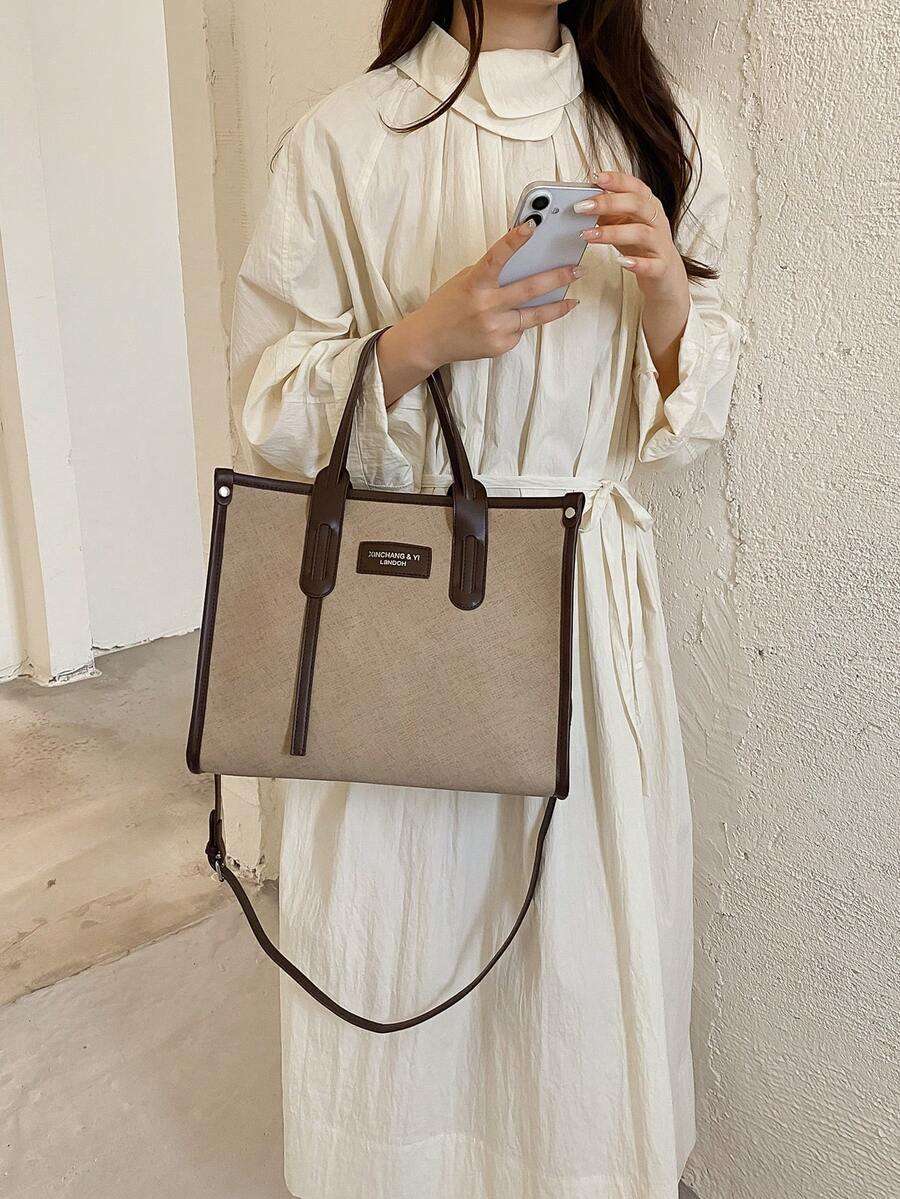 1pc Khaki PU Large Capacity Women's Tote Bag, Modern Style Beach Bag & Durable Shoulder Bag, Suitable For Work Commute And Vacation Travel