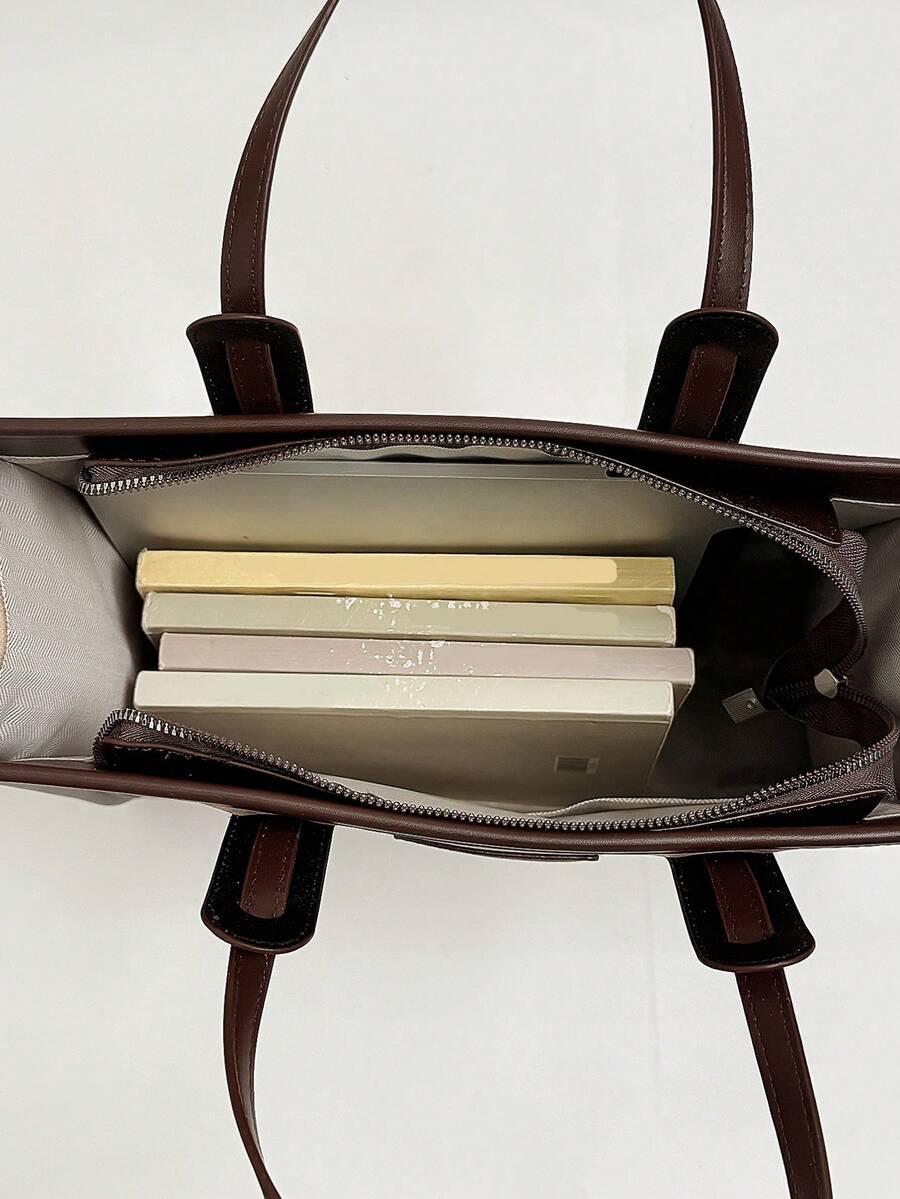 1pc Khaki PU Large Capacity Women's Tote Bag, Modern Style Beach Bag & Durable Shoulder Bag, Suitable For Work Commute And Vacation Travel