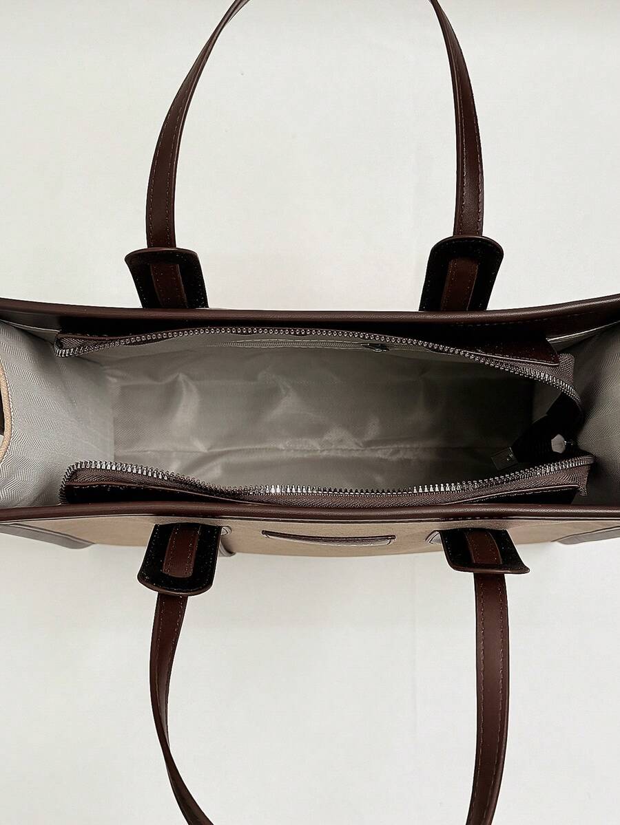 1pc Khaki PU Large Capacity Women's Tote Bag, Modern Style Beach Bag & Durable Shoulder Bag, Suitable For Work Commute And Vacation Travel