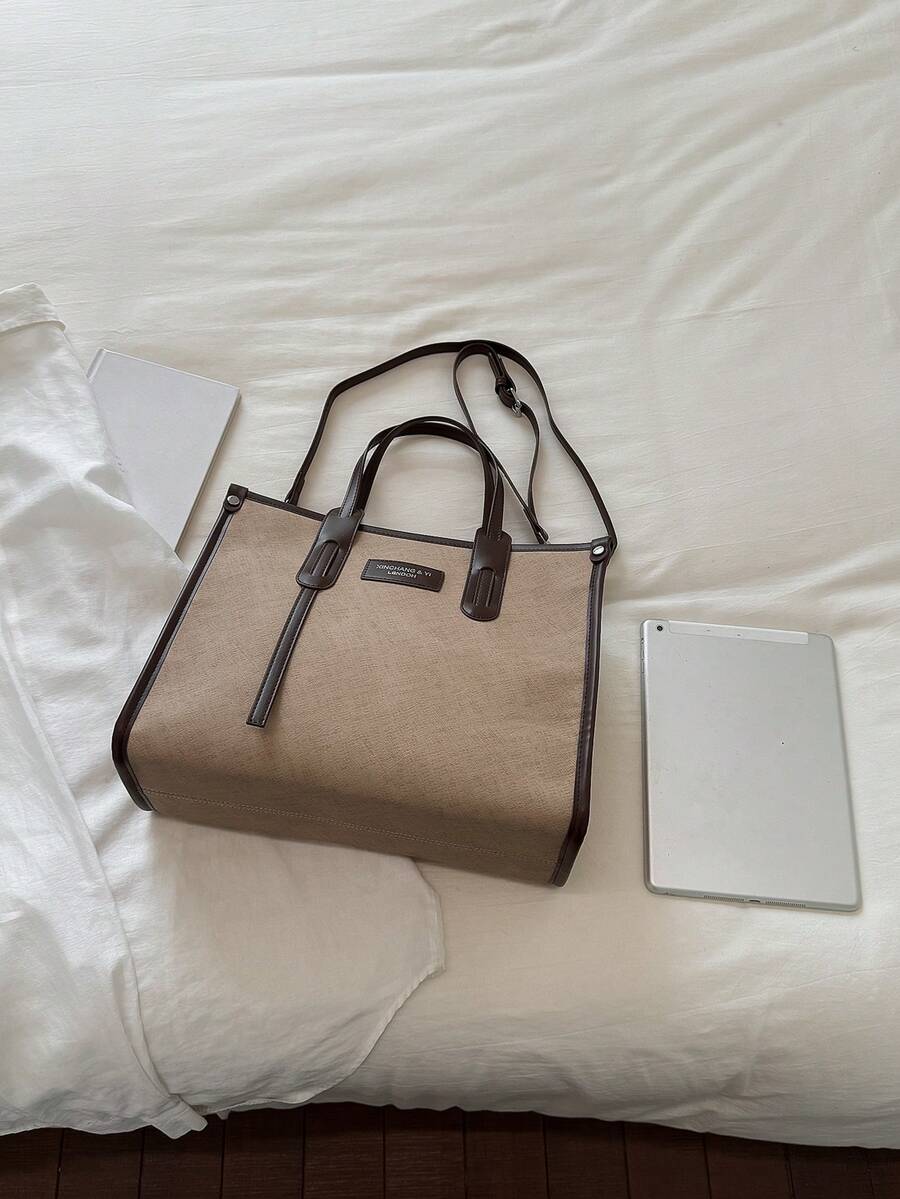 1pc Khaki PU Large Capacity Women's Tote Bag, Modern Style Beach Bag & Durable Shoulder Bag, Suitable For Work Commute And Vacation Travel