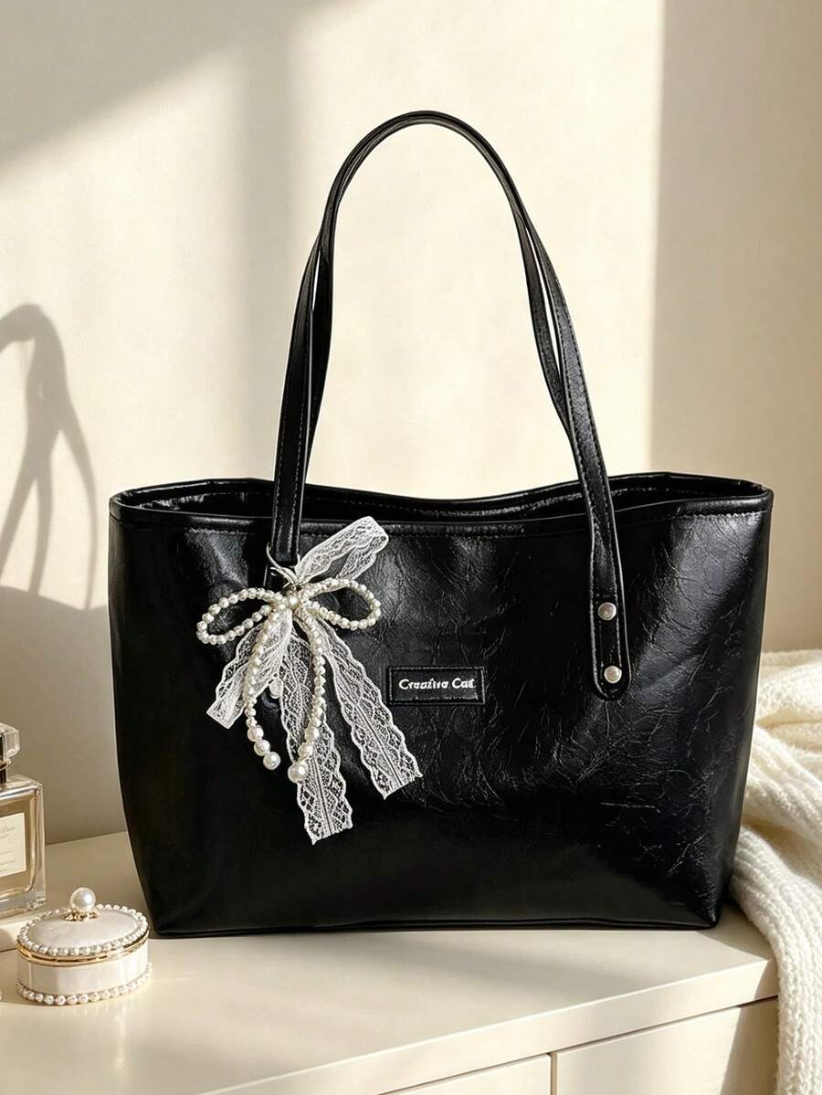 Women's Ribbon Tote Bag, Bow Decor Commuter Bag, Keychain Shoulder Bag, Coin Purse, Large Capacity Travel Storage Bag, Book Bag, Minimalist Handbag, Versatile Handbag/Crossbody Bag For Commuting/Shopp