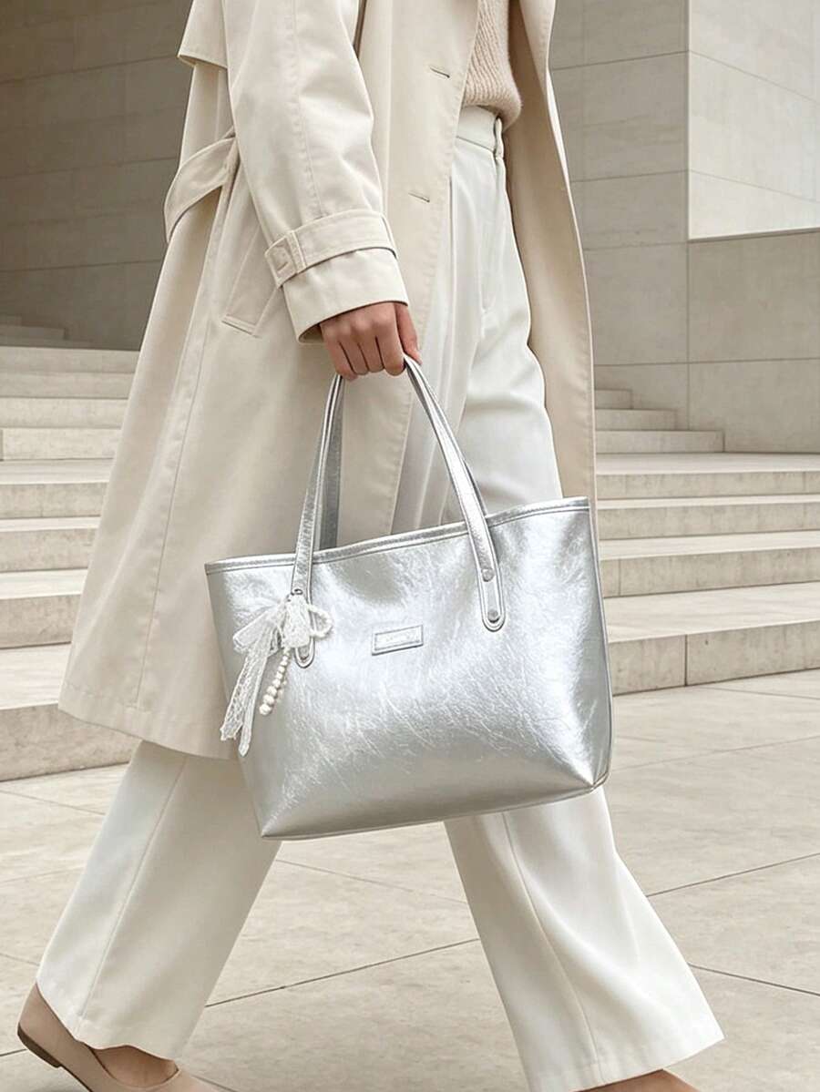 Women's Ribbon Tote Bag, Bow Decor Commuter Bag, Keychain Shoulder Bag, Coin Purse, Large Capacity Travel Storage Bag, Book Bag, Minimalist Handbag, Versatile Handbag/Crossbody Bag For Commuting/Shopp