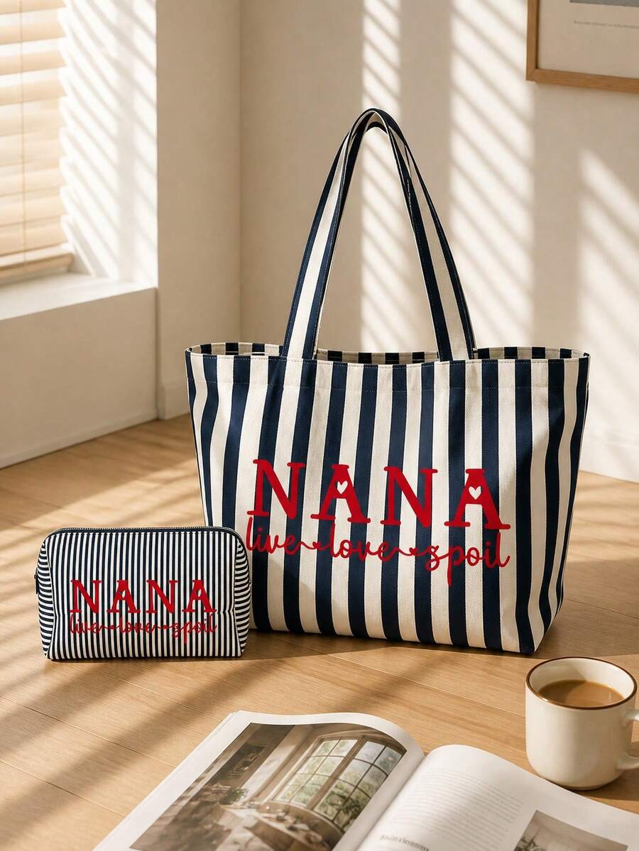 Women's Vertical Striped "NANA" Letter Print Canvas Tote Bag Set, Casual Large Capacity Shoulder Bag, Beach Bag, Tote Bag With Matching Zipper Makeup Bag, Fashionable Retro Striped Design, Lightweight