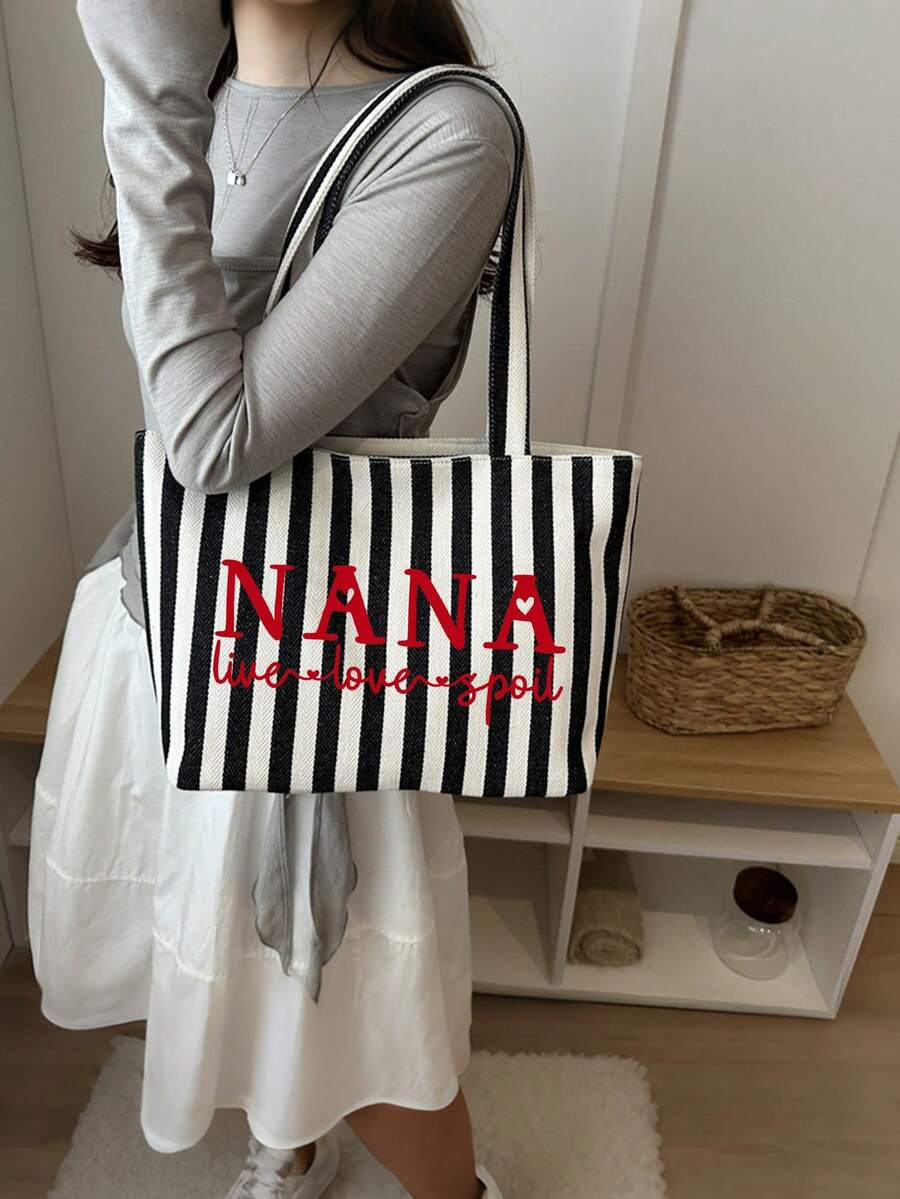 Women's Vertical Striped "NANA" Letter Print Canvas Tote Bag Set, Casual Large Capacity Shoulder Bag, Beach Bag, Tote Bag With Matching Zipper Makeup Bag, Fashionable Retro Striped Design, Lightweight