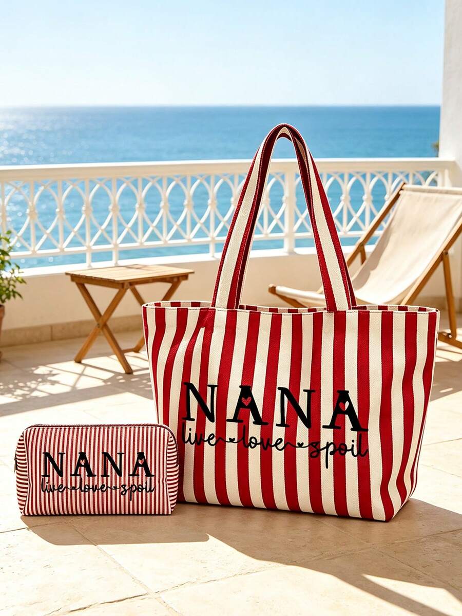 Women's Vertical Striped "NANA" Letter Print Canvas Tote Bag Set, Casual Large Capacity Shoulder Bag, Beach Bag, Tote Bag With Matching Zipper Makeup Bag, Fashionable Retro Striped Design, Lightweight