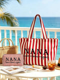 Women's Vertical Striped "NANA" Letter Print Canvas Tote Bag Set
