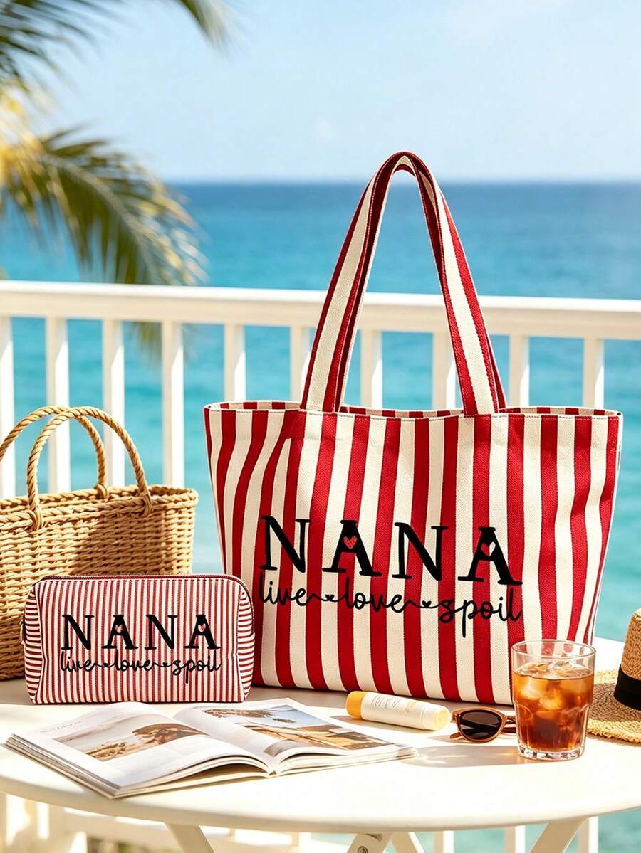 Women's Vertical Striped "NANA" Letter Print Canvas Tote Bag Set, Casual Large Capacity Shoulder Bag, Beach Bag, Tote Bag With Matching Zipper Makeup Bag, Fashionable Retro Striped Design, Lightweight