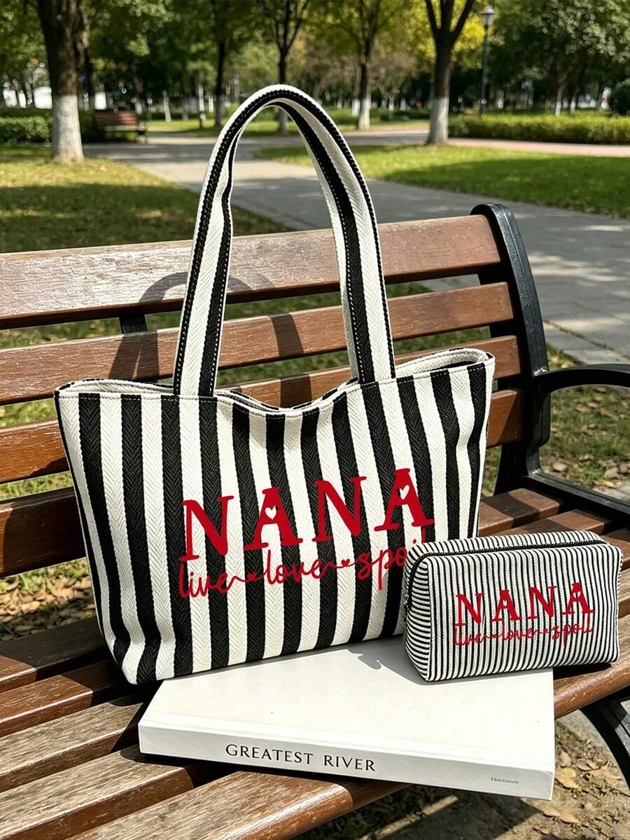 Women's Vertical Striped "NANA" Letter Print Canvas Tote Bag Set, Casual Large Capacity Shoulder Bag, Beach Bag, Tote Bag With Matching Zipper Makeup Bag, Fashionable Retro Striped Design, Lightweight