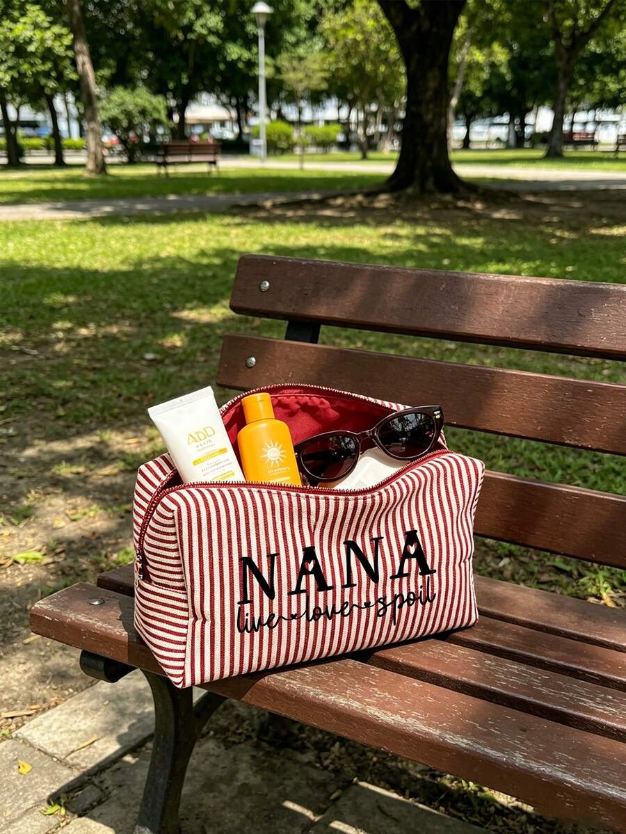 Women's Vertical Striped "NANA" Letter Print Canvas Tote Bag Set, Casual Large Capacity Shoulder Bag, Beach Bag, Tote Bag With Matching Zipper Makeup Bag, Fashionable Retro Striped Design, Lightweight