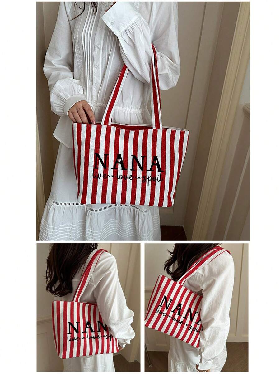 Women's Vertical Striped "NANA" Letter Print Canvas Tote Bag Set, Casual Large Capacity Shoulder Bag, Beach Bag, Tote Bag With Matching Zipper Makeup Bag, Fashionable Retro Striped Design, Lightweight