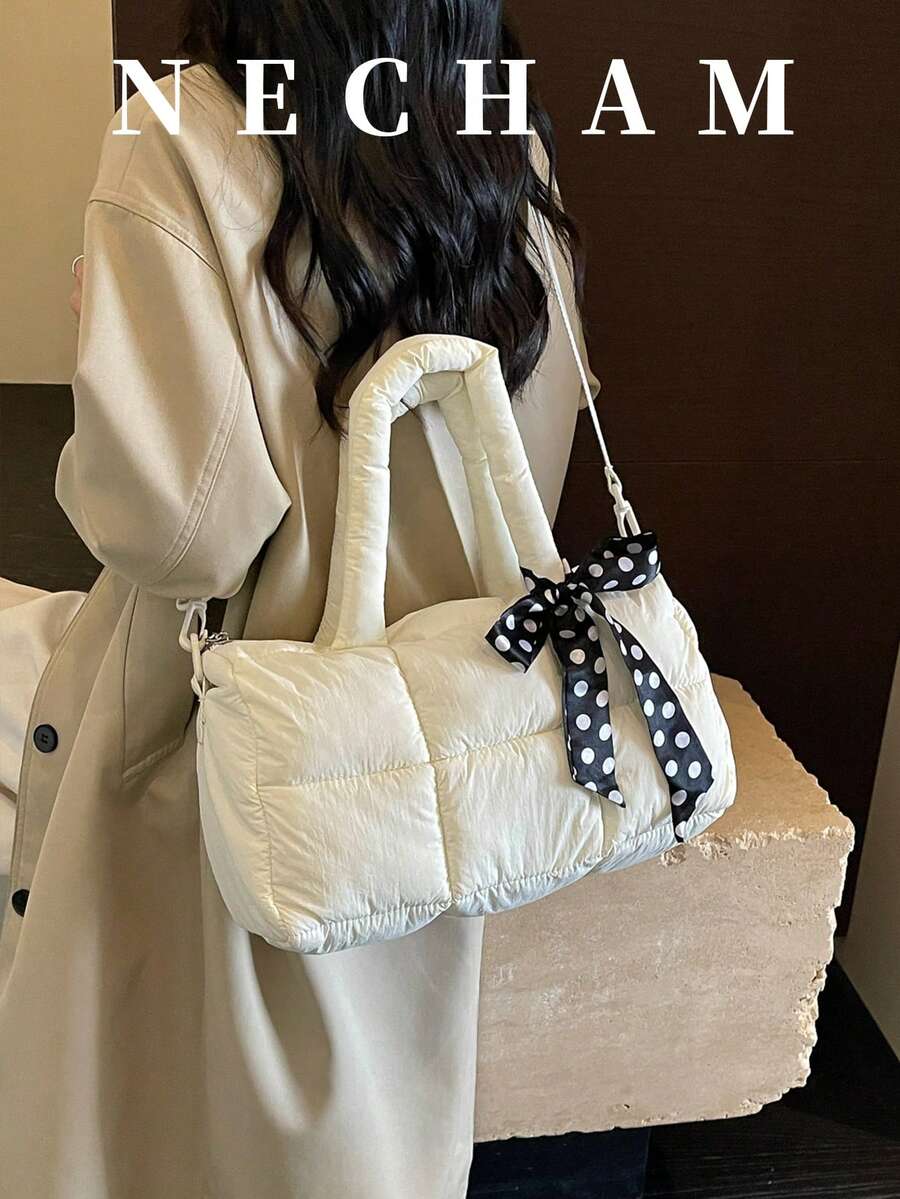 1pc Solid Color Minimalist Fashion Handbag Niche New Style Daily Versatile Shoulder Puff Bag