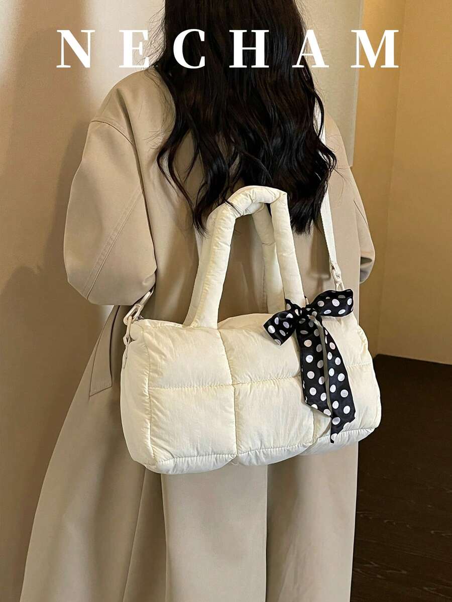1pc Solid Color Minimalist Fashion Handbag Niche New Style Daily Versatile Shoulder Puff Bag