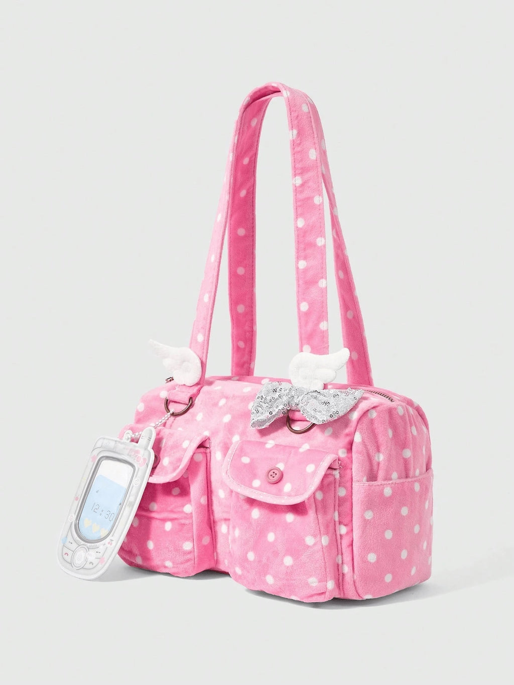 ROMWE Anime Y2K Millennial Retro Polka Dot Printed Brown Tote Bag With Plush Love Lace Pendant, Fashionable Women's Shoulder Bag, Suitable For Daily And Commuting