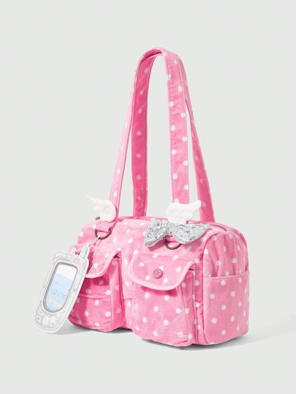 ROMWE Anime Y2K Millennial Retro Polka Dot Printed Brown Tote Bag With Plush Love Lace Pendant, Fashionable Women's Shoulder Bag, Suitable For Daily And Commuting