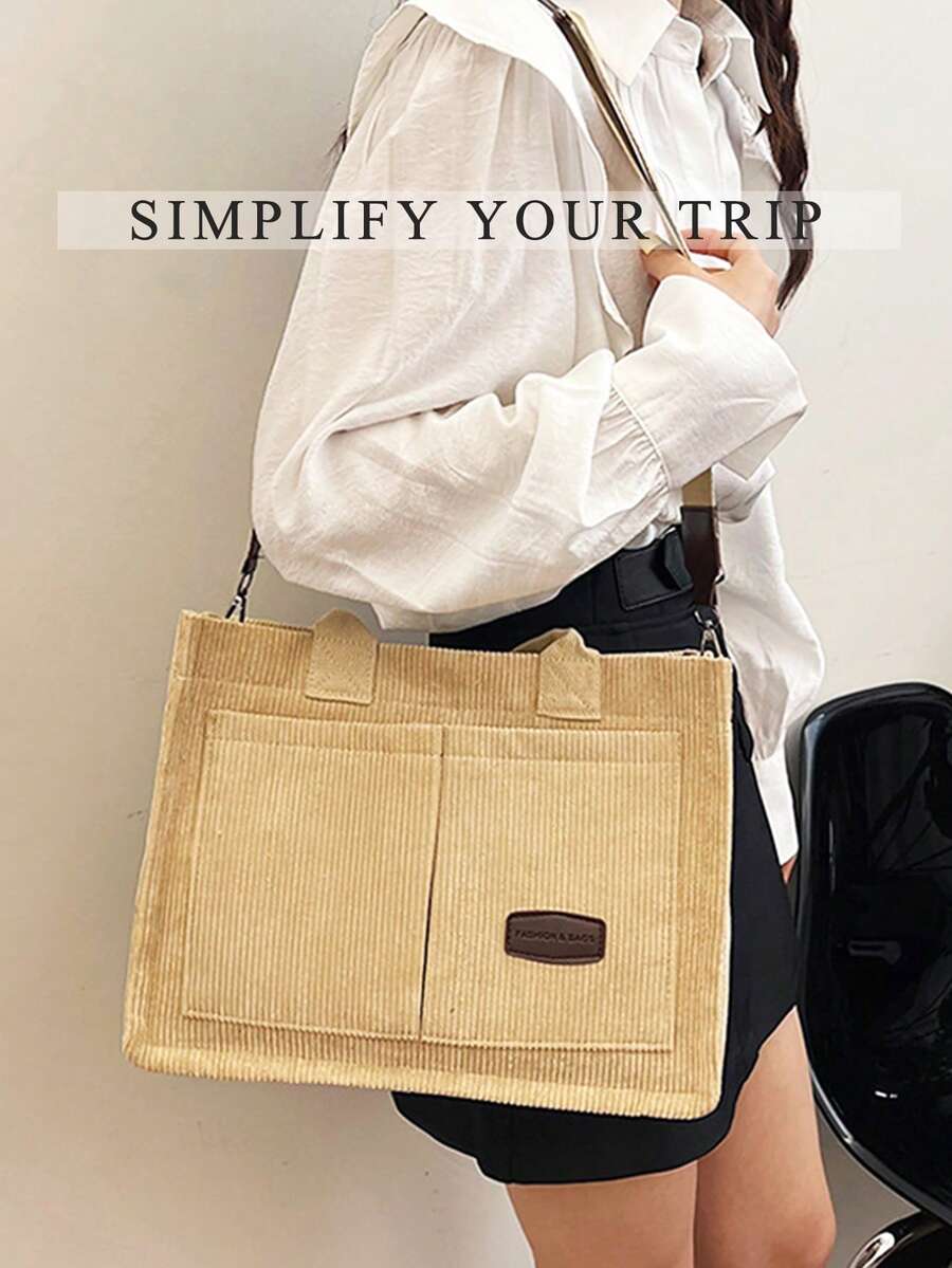 Beige Corduroy Tote Bag,Casual Shoulder Purses Bags,Detachable‑Strap Bags,For Beach Trips,School Commute,Shopping,Office Work,Weekend Outings