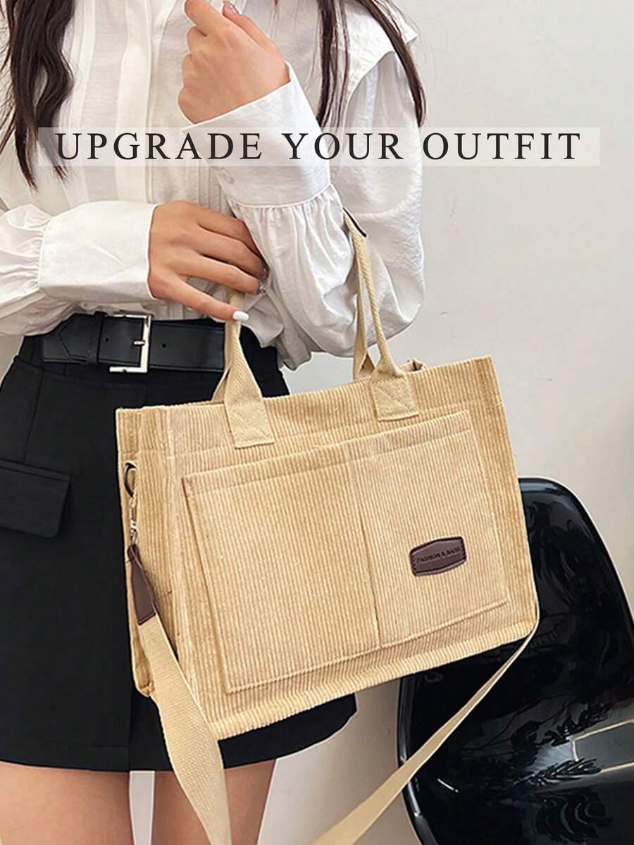 Beige Corduroy Tote Bag,Casual Shoulder Purses Bags,Detachable‑Strap Bags,For Beach Trips,School Commute,Shopping,Office Work,Weekend Outings