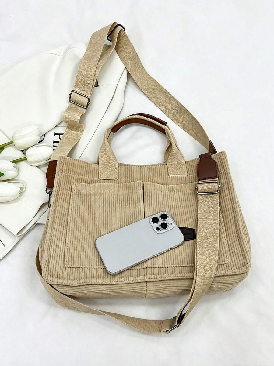 Beige Corduroy Tote Bag,Casual Shoulder Purses Bags,Detachable‑Strap Bags,For Beach Trips,School Commute,Shopping,Office Work,Weekend Outings