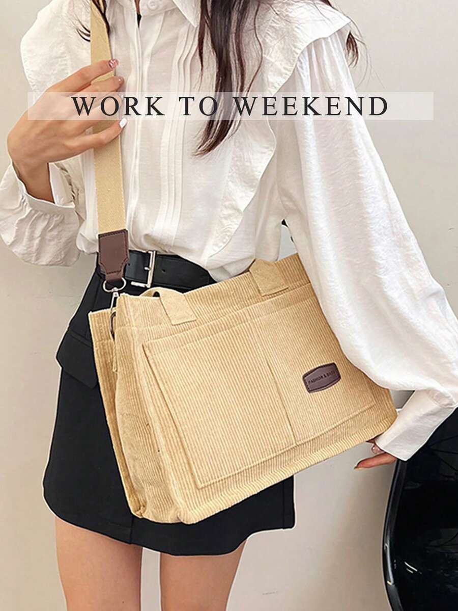 Beige Corduroy Tote Bag,Casual Shoulder Purses Bags,Detachable‑Strap Bags,For Beach Trips,School Commute,Shopping,Office Work,Weekend Outings