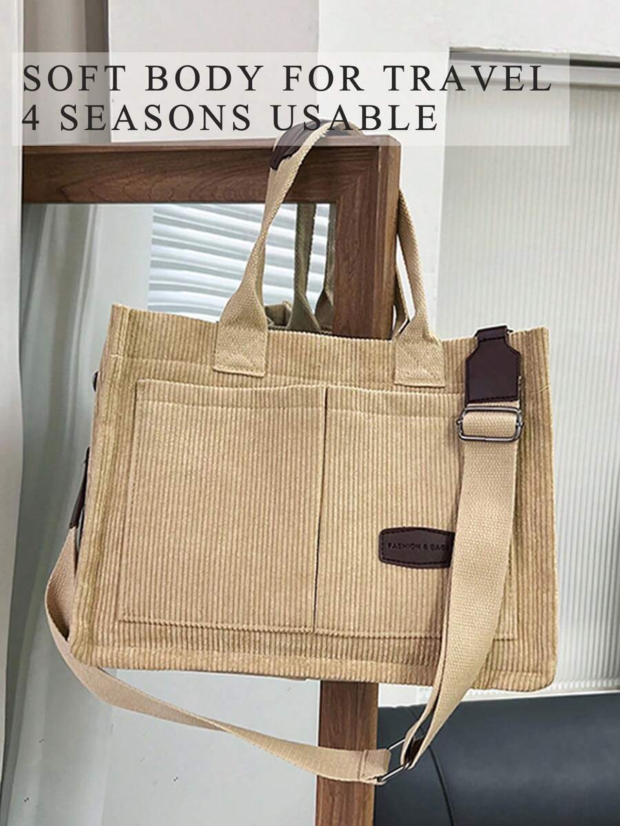 Beige Corduroy Tote Bag,Casual Shoulder Purses Bags,Detachable‑Strap Bags,For Beach Trips,School Commute,Shopping,Office Work,Weekend Outings