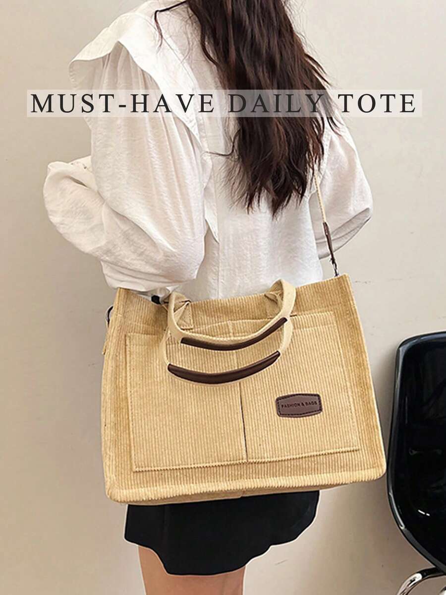 Beige Corduroy Tote Bag,Casual Shoulder Purses Bags,Detachable‑Strap Bags,For Beach Trips,School Commute,Shopping,Office Work,Weekend Outings