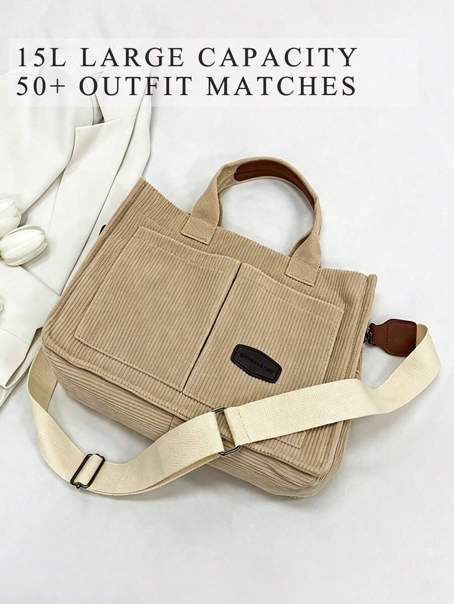 Beige Corduroy Tote Bag,Casual Shoulder Purses Bags,Detachable‑Strap Bags,For Beach Trips,School Commute,Shopping,Office Work,Weekend Outings