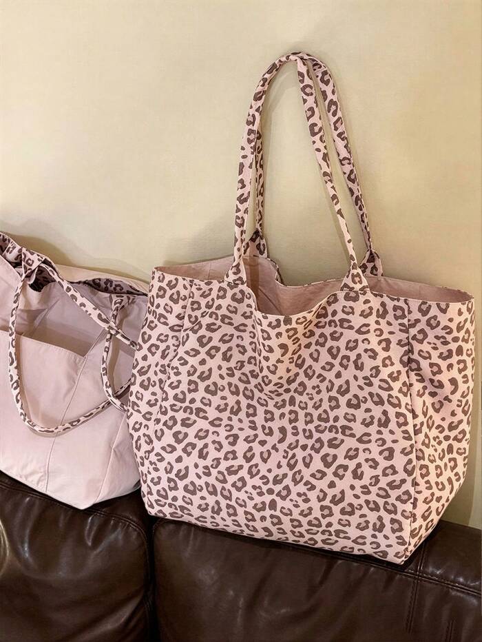 Pink Leopard Print Large Capacity 2-In-1 Tote Bag With Sturdy Dual Top Handles