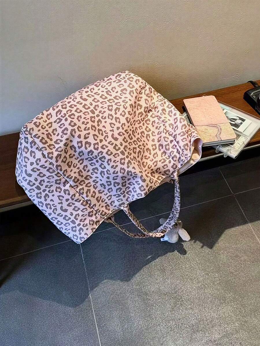 Pink Leopard Print Large Capacity 2-In-1 Tote Bag With Sturdy Dual Top Handles; Reversible Design, Functions As A Shopping Bag, Versatile Commuter Bag, And Multi-Purpose Organizer For Storing Headphon