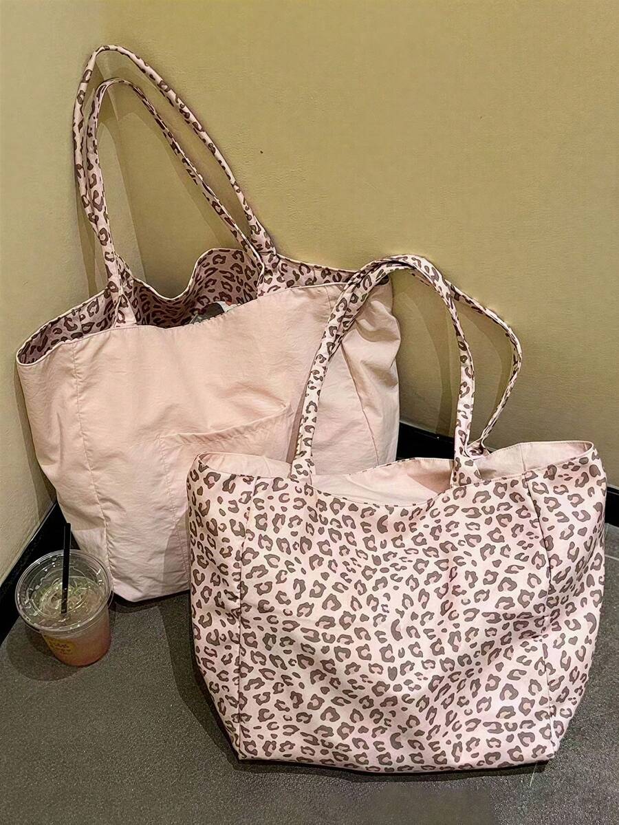 Pink Leopard Print Large Capacity 2-In-1 Tote Bag With Sturdy Dual Top Handles; Reversible Design, Functions As A Shopping Bag, Versatile Commuter Bag, And Multi-Purpose Organizer For Storing Headphon