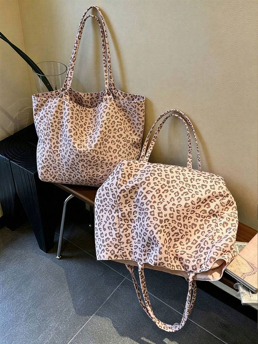 Pink Leopard Print Large Capacity 2-In-1 Tote Bag With Sturdy Dual Top Handles; Reversible Design, Functions As A Shopping Bag, Versatile Commuter Bag, And Multi-Purpose Organizer For Storing Headphon