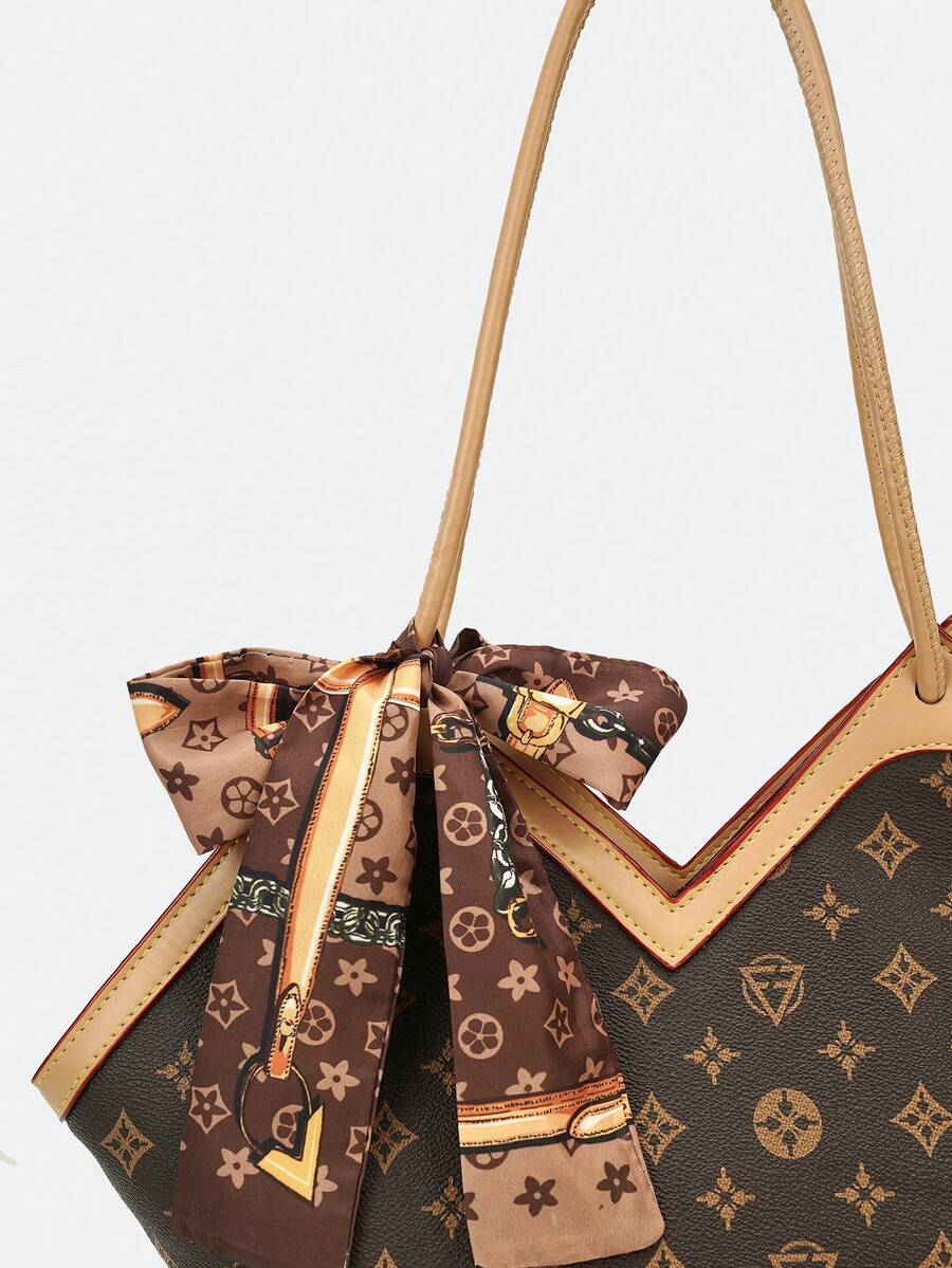 Atmosphere Retro Printed Tote Bag With Old Flower Scarves Decorated With Large-Capacity Commuter Ladies Shoulder Bag