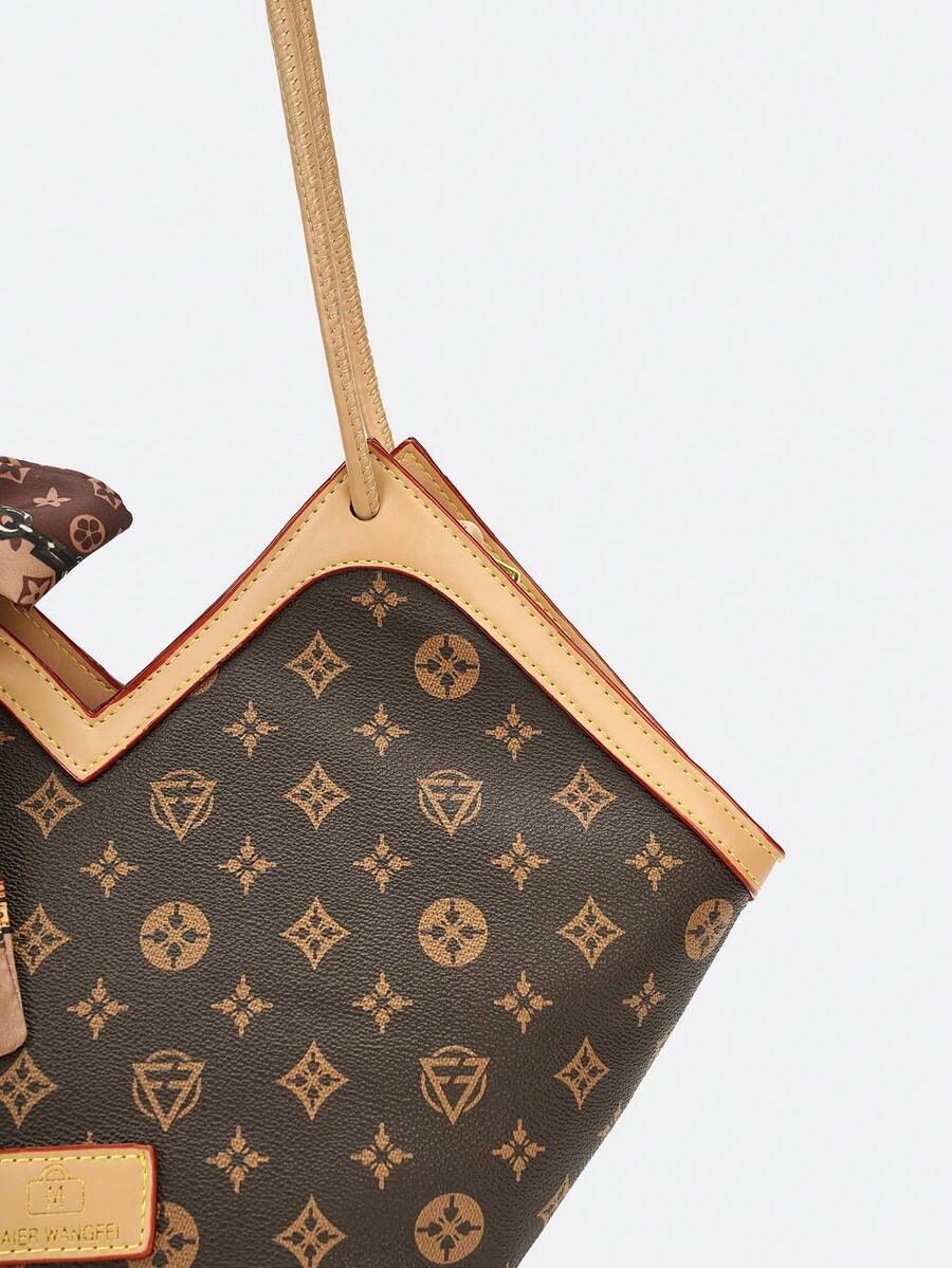 Atmosphere Retro Printed Tote Bag With Old Flower Scarves Decorated With Large-Capacity Commuter Ladies Shoulder Bag