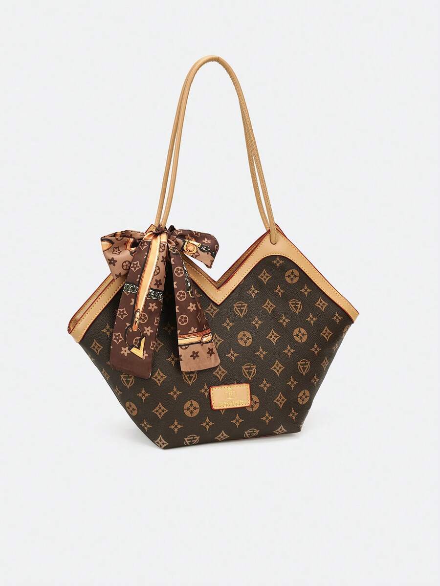 Atmosphere Retro Printed Tote Bag With Old Flower Scarves Decorated With Large-Capacity Commuter Ladies Shoulder Bag