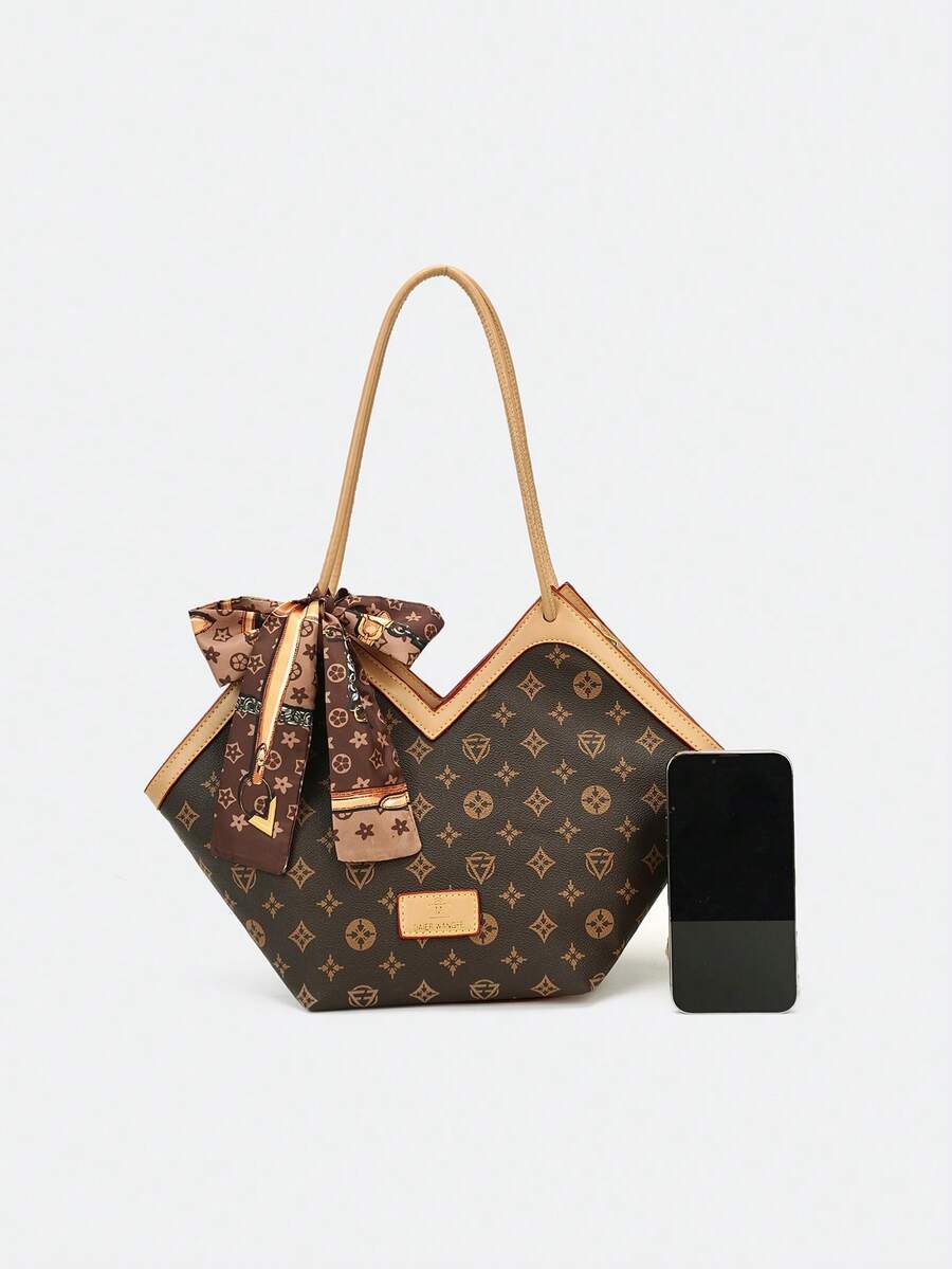 Atmosphere Retro Printed Tote Bag With Old Flower Scarves Decorated With Large-Capacity Commuter Ladies Shoulder Bag
