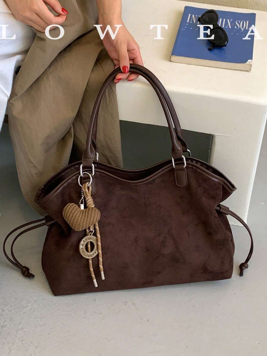 low tea 1pc Ruched Suede Fabric Shoulder Tote Bag Suitable For Commuting, Shopping, Etc. (With Pendant)
