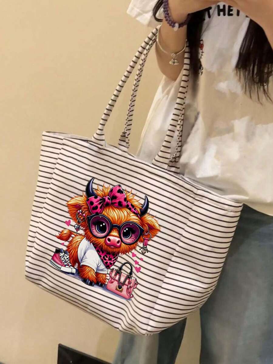 Casual Striped Tote Bag & Makeup Pouch,Funny Highland Cow Canvas Bag,Large Capacity Shopping Bag,Portable Zippered Storage Pouch,Vacation Handbag