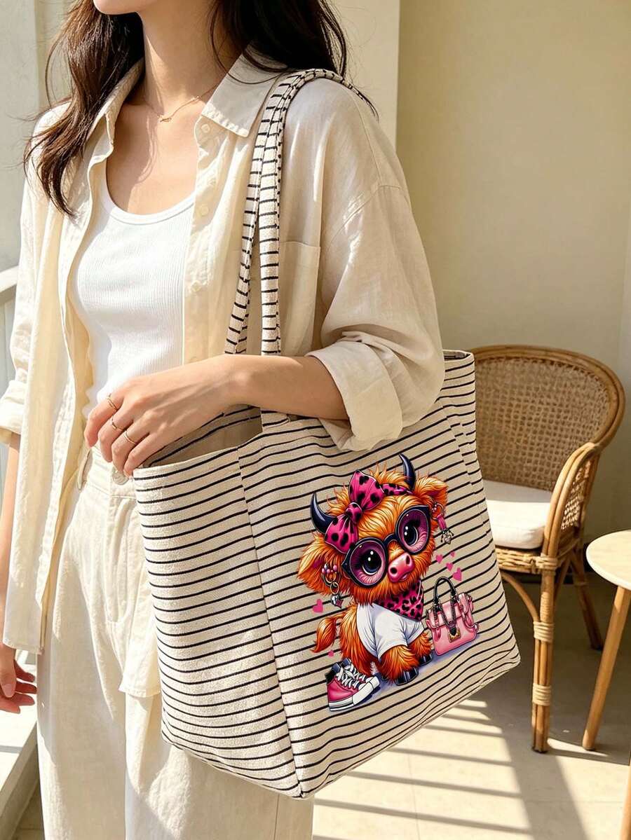Casual Striped Tote Bag & Makeup Pouch,Funny Highland Cow Canvas Bag,Large Capacity Shopping Bag,Portable Zippered Storage Pouch,Vacation Handbag