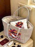 Casual Striped Tote Bag & Makeup Pouch, Funny Highland Cow Canvas Bag