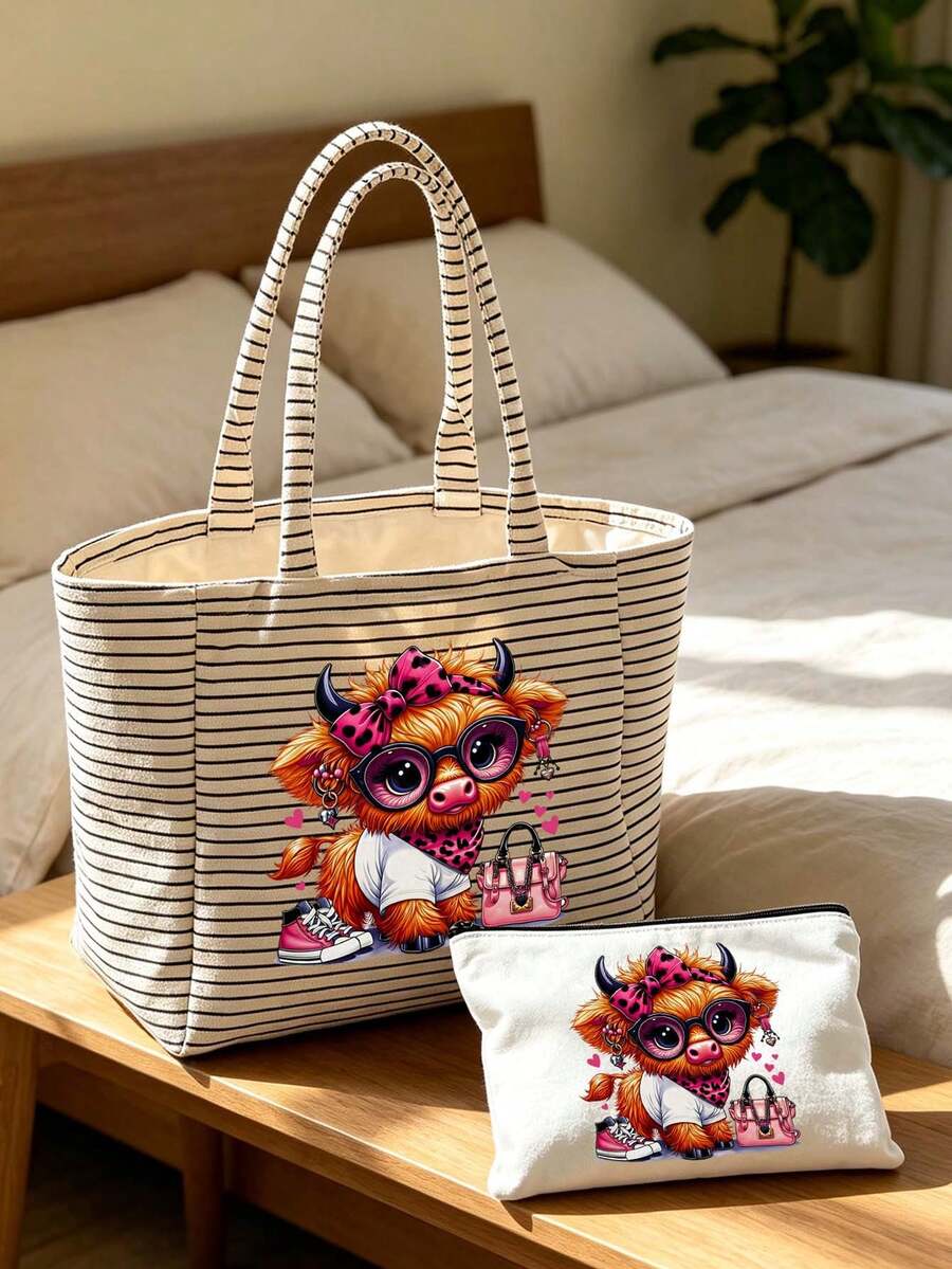 Casual Striped Tote Bag & Makeup Pouch,Funny Highland Cow Canvas Bag,Large Capacity Shopping Bag,Portable Zippered Storage Pouch,Vacation Handbag
